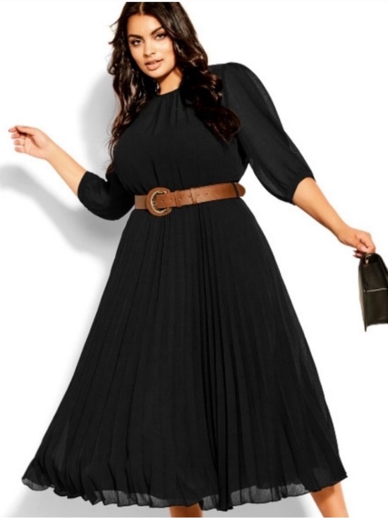City Chic Dresses & Skirts - City Chic Black Dress - Sheer Top and Sleeves & Pleated Skirt, Brown Belt